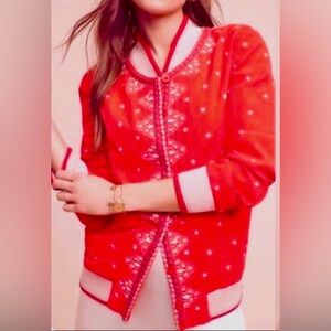 Anthropologie Conditions Apply Arabella Embroidered Red Bomber Jacket Size L